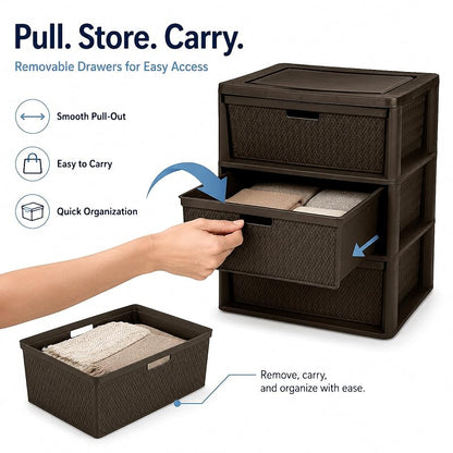Wide 3-Drawer Decorative Organizer Chest Brown – Cross-Weave Storage Tower