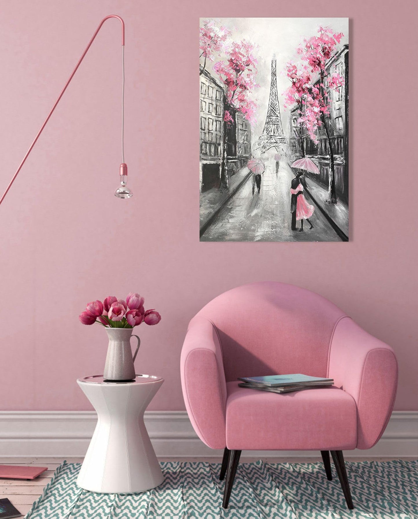 YPY Abstract Paris Canvas Wall Art: Black White Eiffel Tower Hand Painted Oil Painting, Pink and Grey Picture Print Room Decor for Teen Girls Bedroom Bathroom 24" x 36"