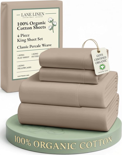 LANE LINEN 100% Organic Cotton Sheets Set - Ultra Soft Long-Staple Percale | GOTS Certified, King Size, Taupe