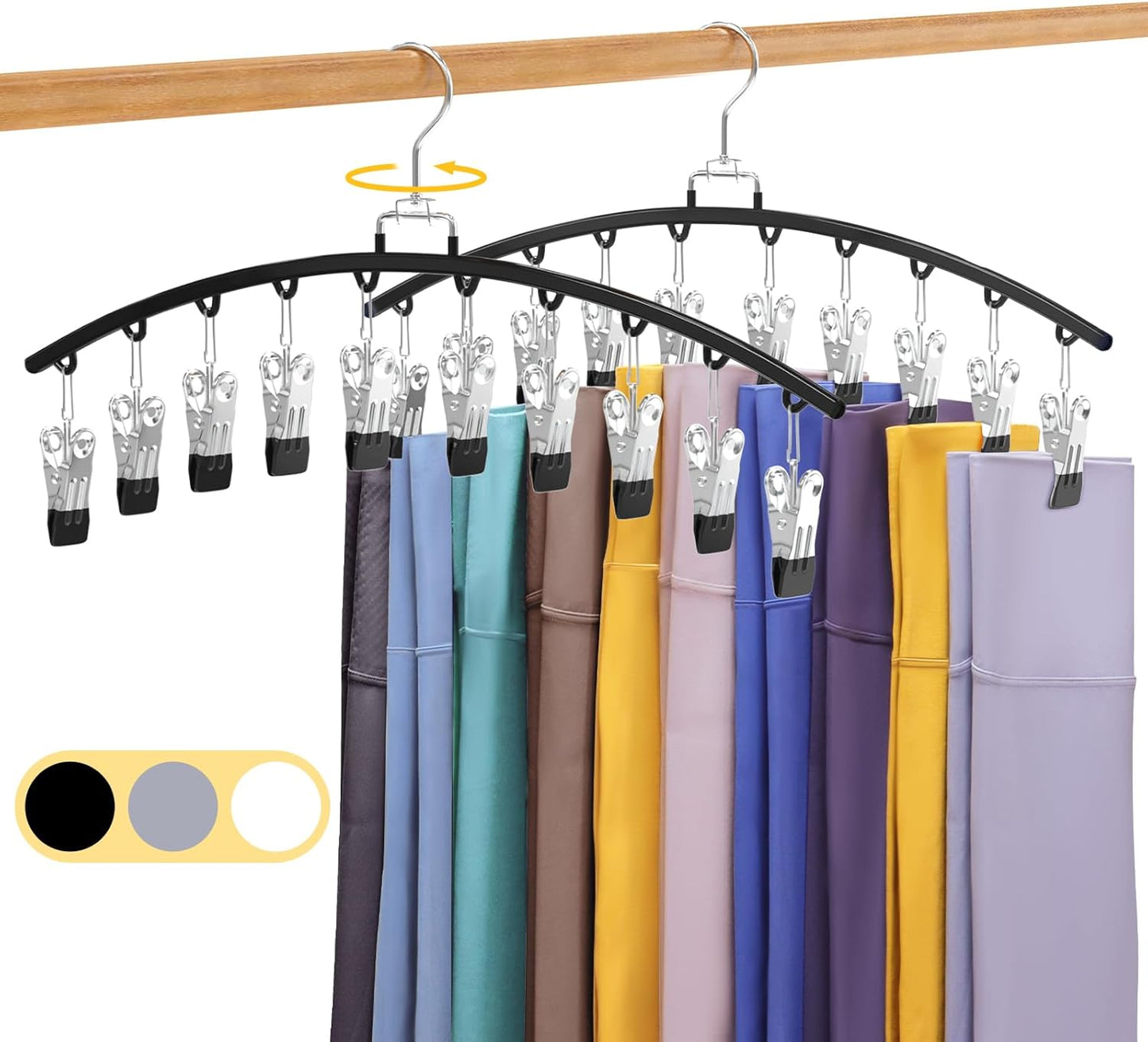 Skiennix Legging Organizer - 360° Swivel Metal Hanger with 20 Clips for Space-Saving Closet Storage | Black