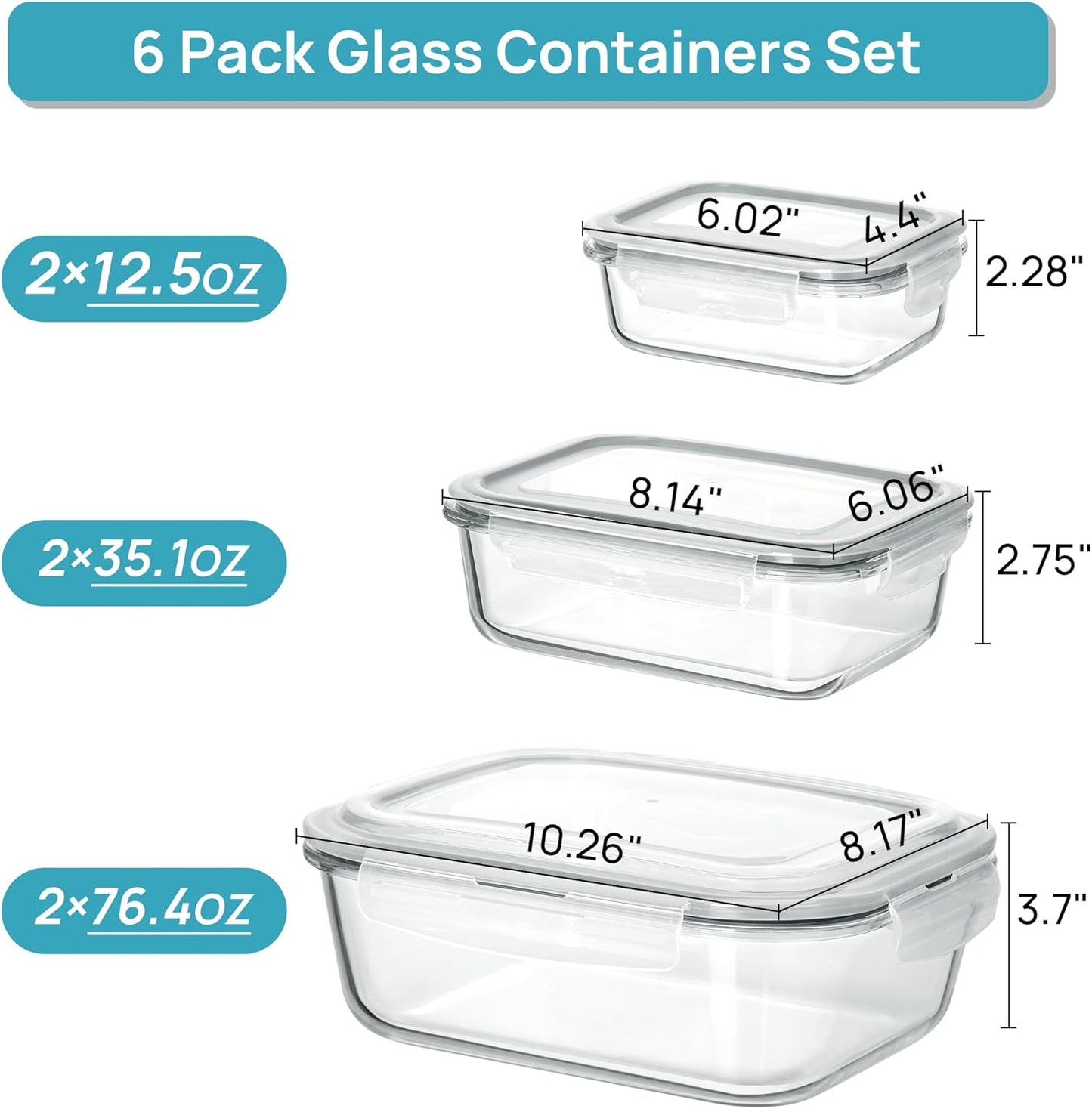 Vtopmart Extra Large Glass Food Storage Containers - 6 Pack Airtight Meal Prep Set | 2.26L/76oz
