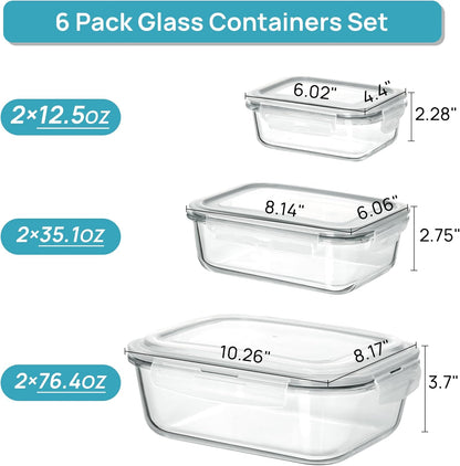 Vtopmart Extra Large Glass Food Storage Containers - 6 Pack Airtight Meal Prep Set | 2.26L/76oz