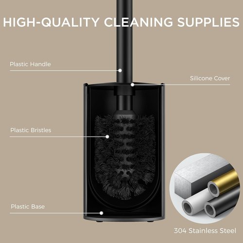 FORIOUS Toilet Brush Set - Heavy Duty 304 Stainless Steel Holder for Deep Bathroom Cleaning | Matte Black