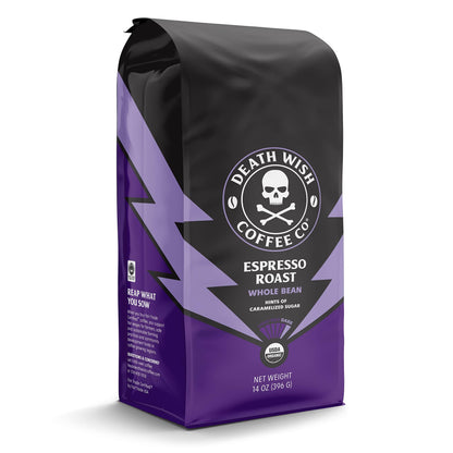 Death Wish Coffee Co. Whole Bean Espresso Roast - Extra Kick of Caffeine - Organic, Fair Trade, Arabaica and Robusta Coffee Beans, 14 ounce (Pack of 1)