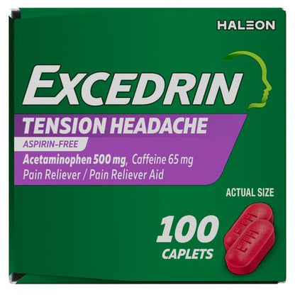 Excedrin Tension Headache Relief Caplets, Acetaminophen 500mg, Caffeine 65mg, Pain Reliever, Aspirin-Free, 100 Count