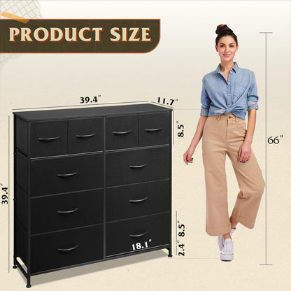 WLIVE Dresser - Tall Chest Organizer with 10 Fabric Drawers & Wooden Top - Black Storage Unit for Bedroom