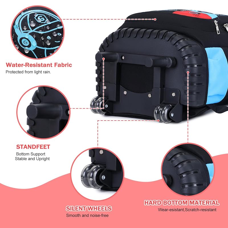 Rolling Backpack for Boys - 3-in-1 Kids Rolling Backpack with Wheels, Red/Blue