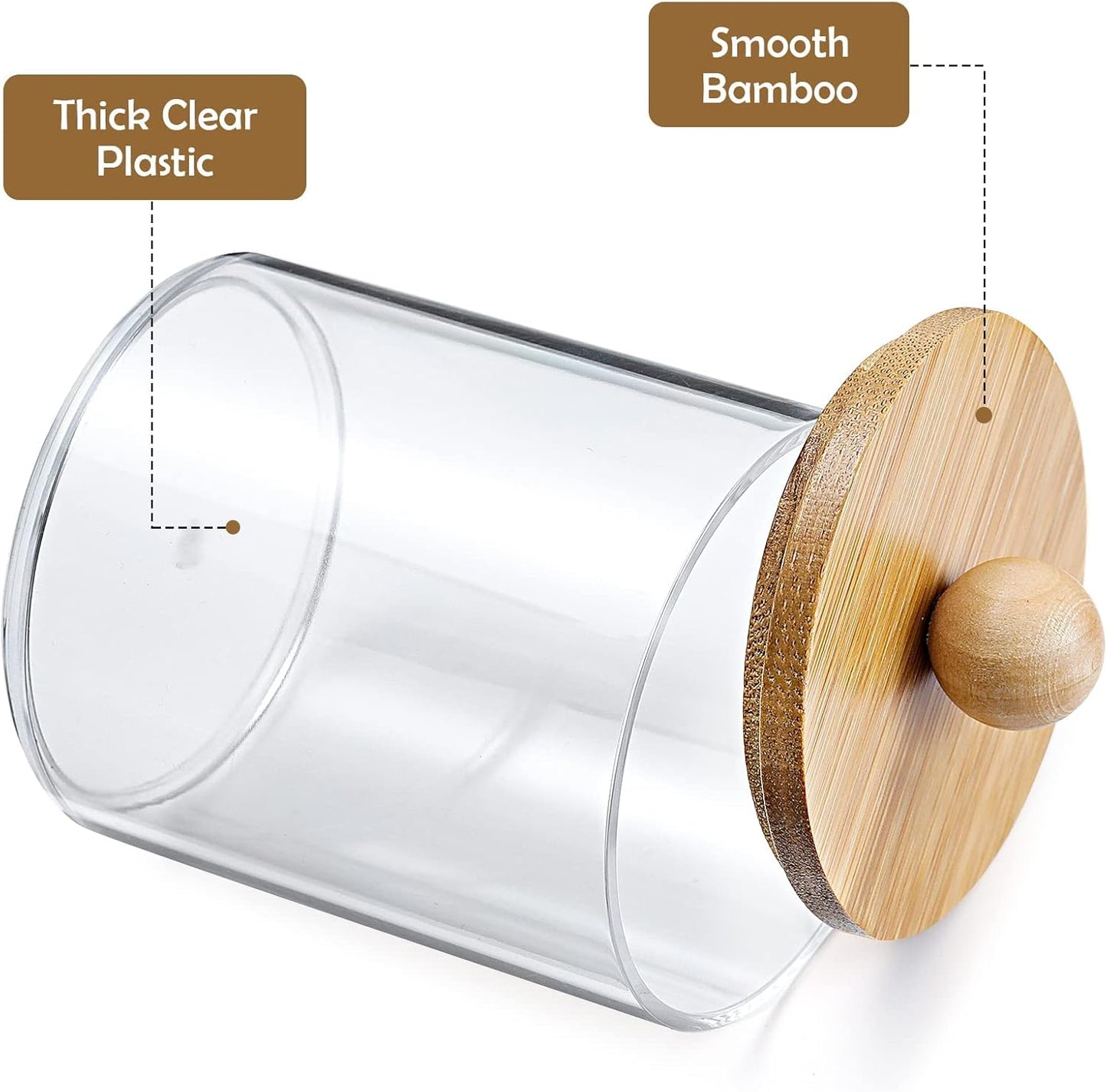 Qtip Holder Dispenser by [Brand Name] - 10 oz Clear Plastic Apothecary Jar with Bamboo Lids | Makeup Organizer for Bathroom Accessories