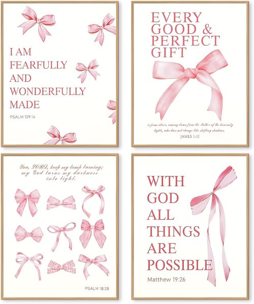 Coquette Pink Bow Wall Art - Set of 4 Inspirational Canvas Prints | 10x8 Inch Unframed Decor for Teens