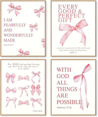 Coquette Pink Bow Wall Art - Set of 4 Inspirational Canvas Prints | 10x8 Inch Unframed Decor for Teens