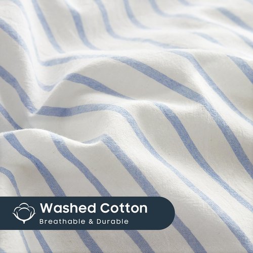 Wake In Cloud - Striped Cotton Duvet Cover Set, Ticking Stripe Vertical Pinstripe Farmhouse, 100% Washed Cotton Textured Bedding Set, 3 Pieces, Blue White, Queen Size