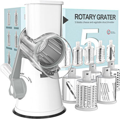 Cambom 5-in-1 Rotary Cheese Grater - Hand Crank Shredder with Non-Slip Base & Five Blades - White