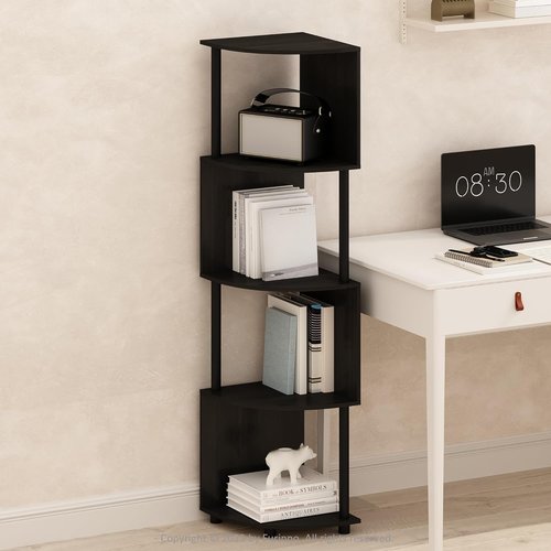 Furinno 4-Tier Bookshelf - Zigzag Corner Design | Espresso/Black | Perfect for Living Room, Bedroom, Home Office