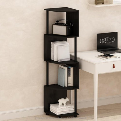 Furinno 4-Tier Bookshelf - Zigzag Corner Design | Espresso/Black | Perfect for Living Room, Bedroom, Home Office