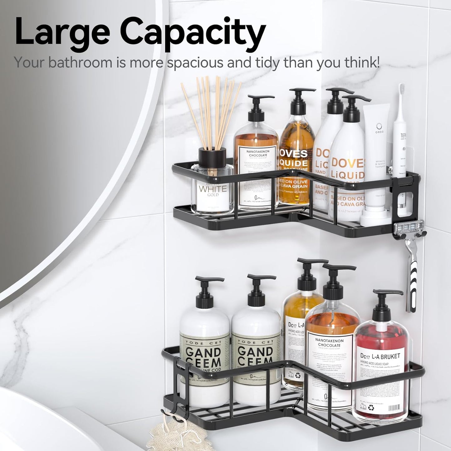YASONIC Corner Shower Caddy - No Drill Adhesive Storage Shelves | Rustproof Stainless Steel, Black - 2 Pack with Hooks