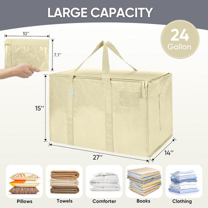 TICONN Extra Large Moving Bags - Heavy Duty Storage with Zippers & Handles | 4 Pack, Cream
