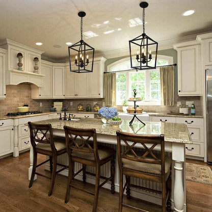 PAKOKULA 4-Light Black Farmhouse Chandelier Iron Lantern Pendant Light Rustic Cage Hanging Light Fixtures Industrial Foyer Lights for Kitchen Island Dining Room Hallway Foyer Entryway