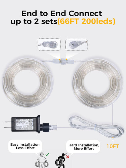 Skiennix Connectable Rope Lights - 66FT 200 LED Waterproof Tube Light | 8 Modes for Indoor/Outdoor Use, Warm White