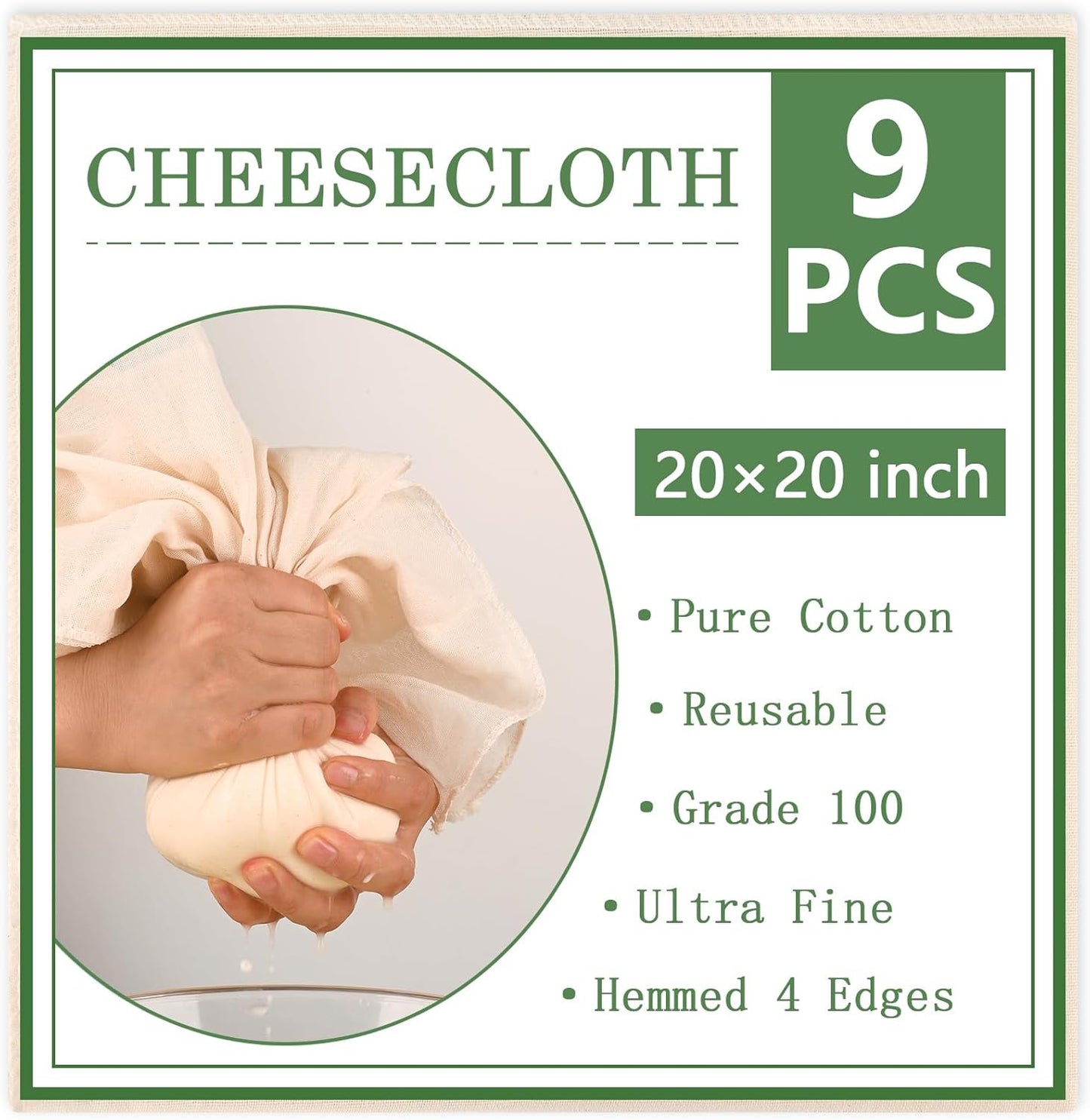 WMKGG Reusable Unbleached Cotton Cheese Cloth - 20x20 Inch, Grade 100, Precut for Straining & Cooking