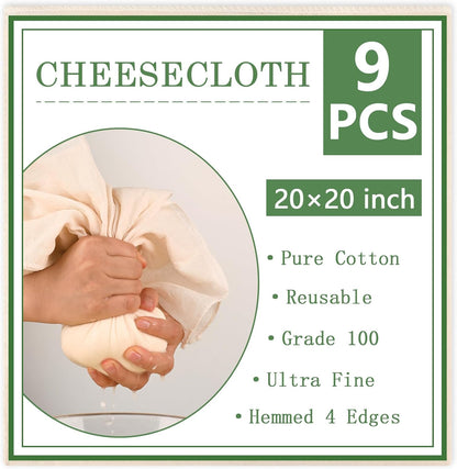 WMKGG Reusable Unbleached Cotton Cheese Cloth - 20x20 Inch, Grade 100, Precut for Straining & Cooking