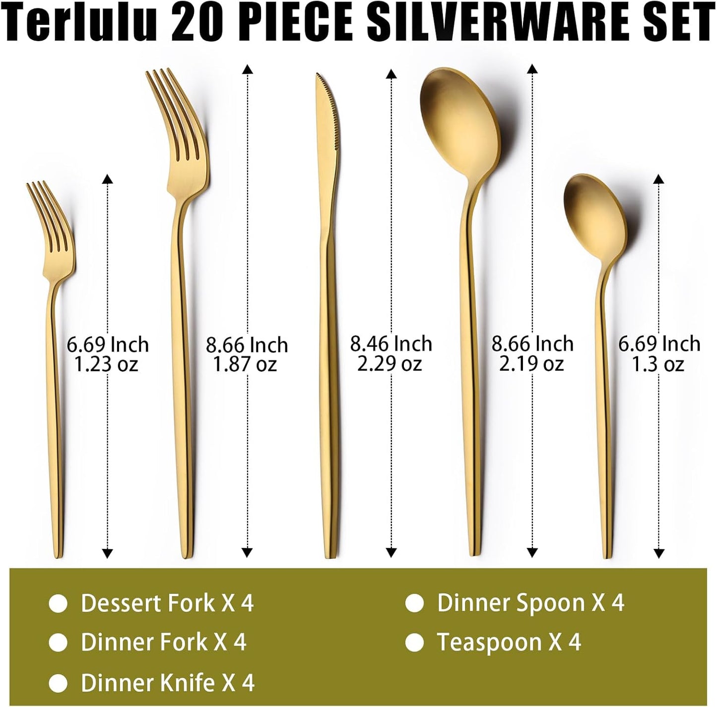 Terlulu 20-Piece Gold Silverware Set - Elegant Stainless Steel Flatware for 4 | Perfect for Home, Kitchen, and Weddings