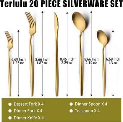 Terlulu 20-Piece Gold Silverware Set - Elegant Stainless Steel Flatware for 4 | Perfect for Home, Kitchen, and Weddings