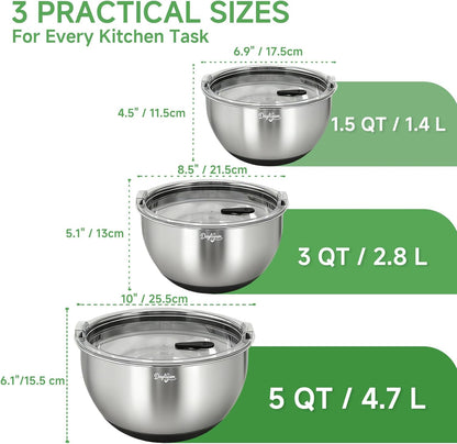 Stainless Steel Mixing Bowls Set by [Brand Name] - Airtight Lids, Non-Slip Base, 3 Sizes (1.5/3/5 QT) | Ideal for Food Prep & Storage