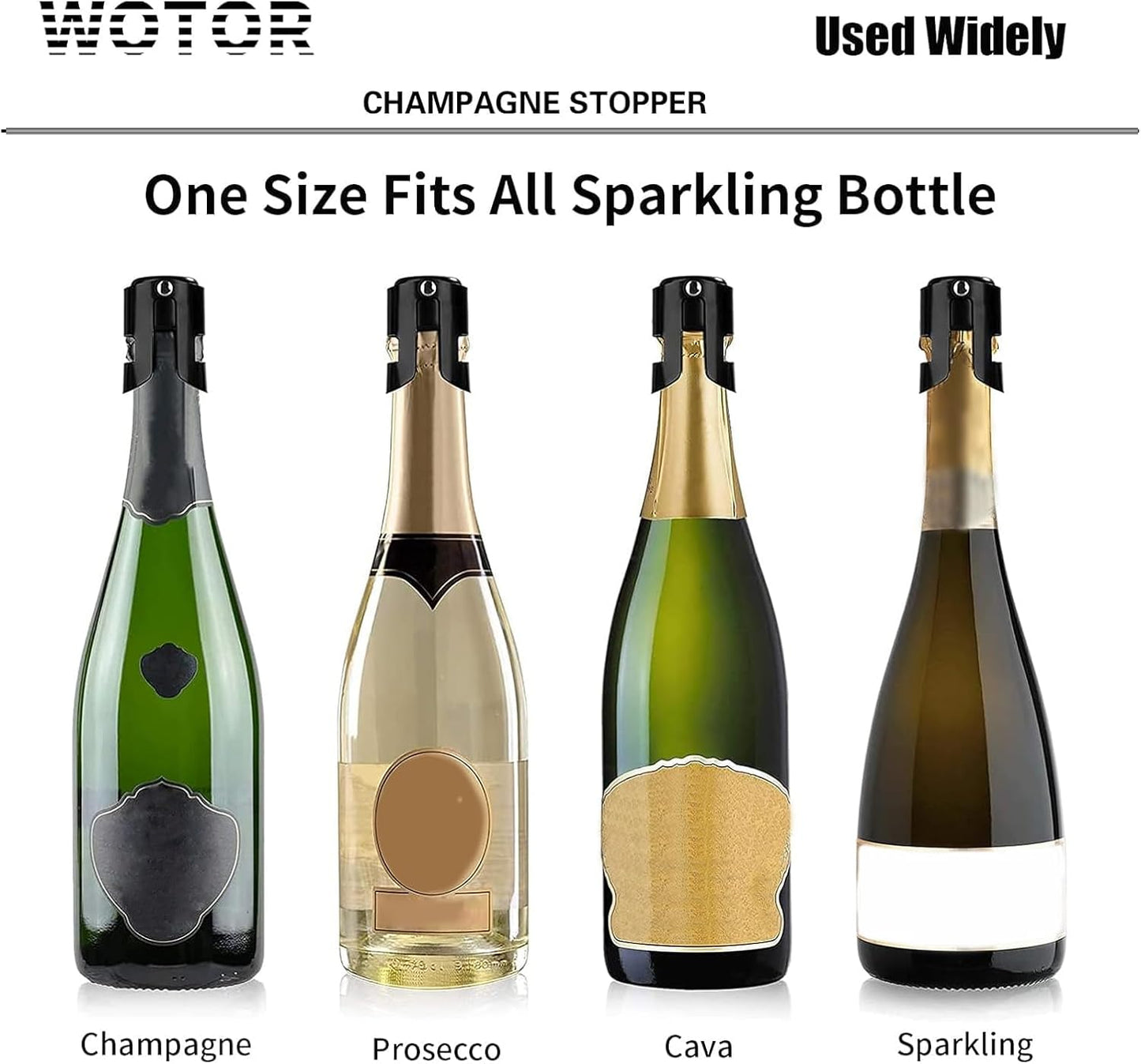 WOTOR Stainless Steel Champagne Stoppers - Champagne Bottle Stoppers with Silicone Seal, Reusable Cork & Saver, Suitable for Prosecco & Sparkling Wine, Black, 2 Pack