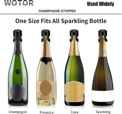 WOTOR Stainless Steel Champagne Stoppers - Champagne Bottle Stoppers with Silicone Seal, Reusable Cork & Saver, Suitable for Prosecco & Sparkling Wine, Black, 2 Pack