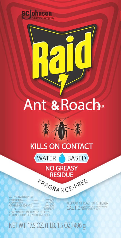 Raid Ant & Roach Aerosol Bug Spray - Water-Based Insecticide, Kills On Contact, 17.5 oz