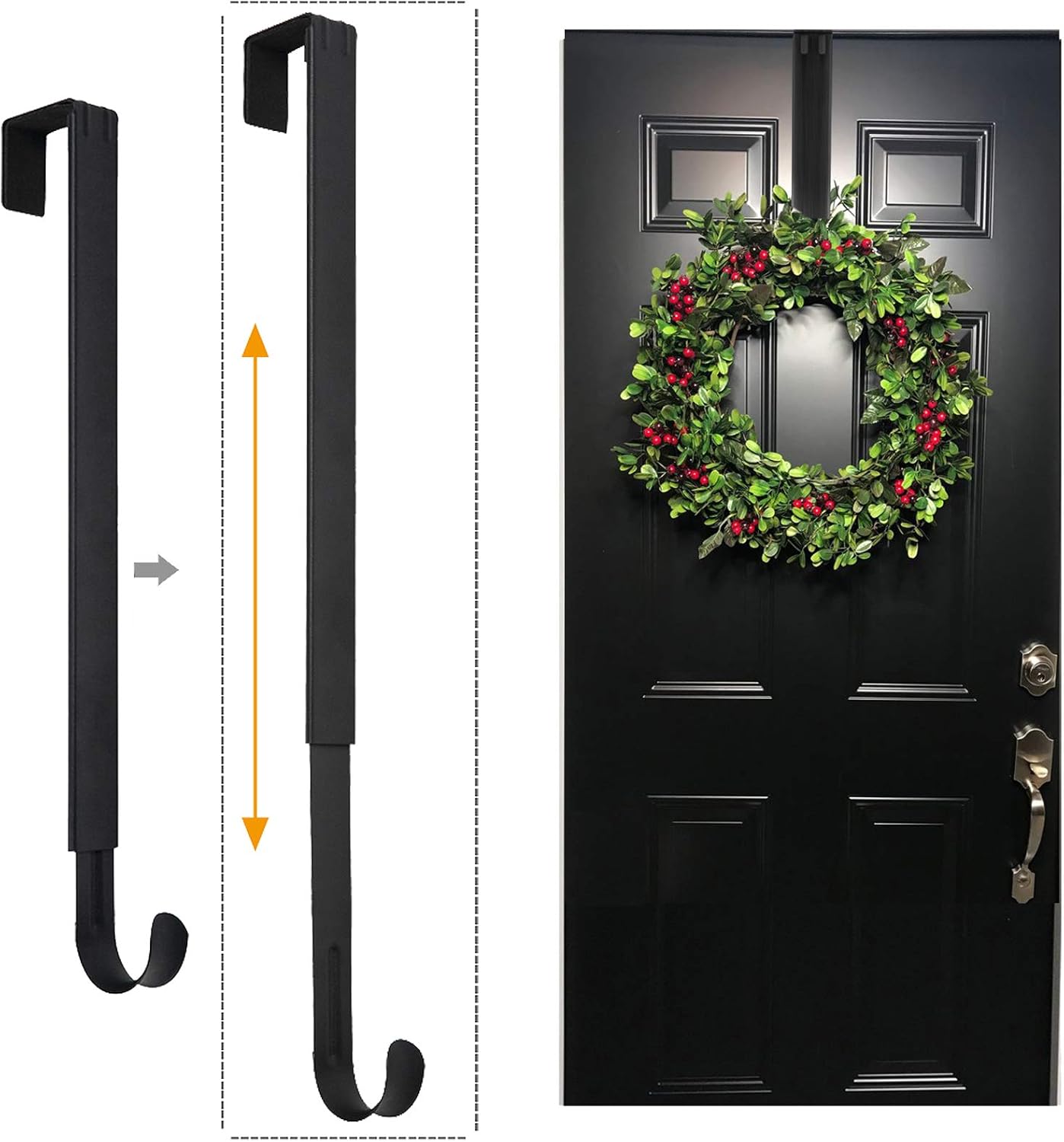 Skiennix Adjustable Wreath Hanger - Over The Door Design 14.9 to 25 Inches | Holds Up to 20 lbs (Black)