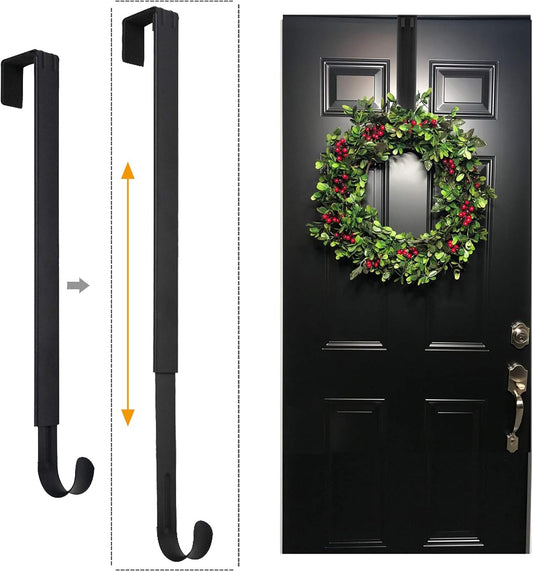 Skiennix Adjustable Wreath Hanger - Over The Door Design 14.9 to 25 Inches | Holds Up to 20 lbs (Black)