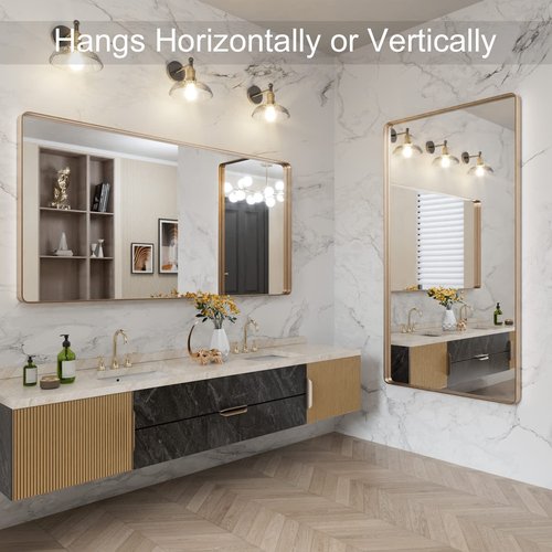 LOAAO 60”X30” Gold Bathroom Mirror, Rounded Rectangle Gold Frame Mirror, Brushed Gold Bathroom Vanity Mirror Wall-Mounted, Anti-Rust, Tempered Glass, Hangs Horizontally or Vertically