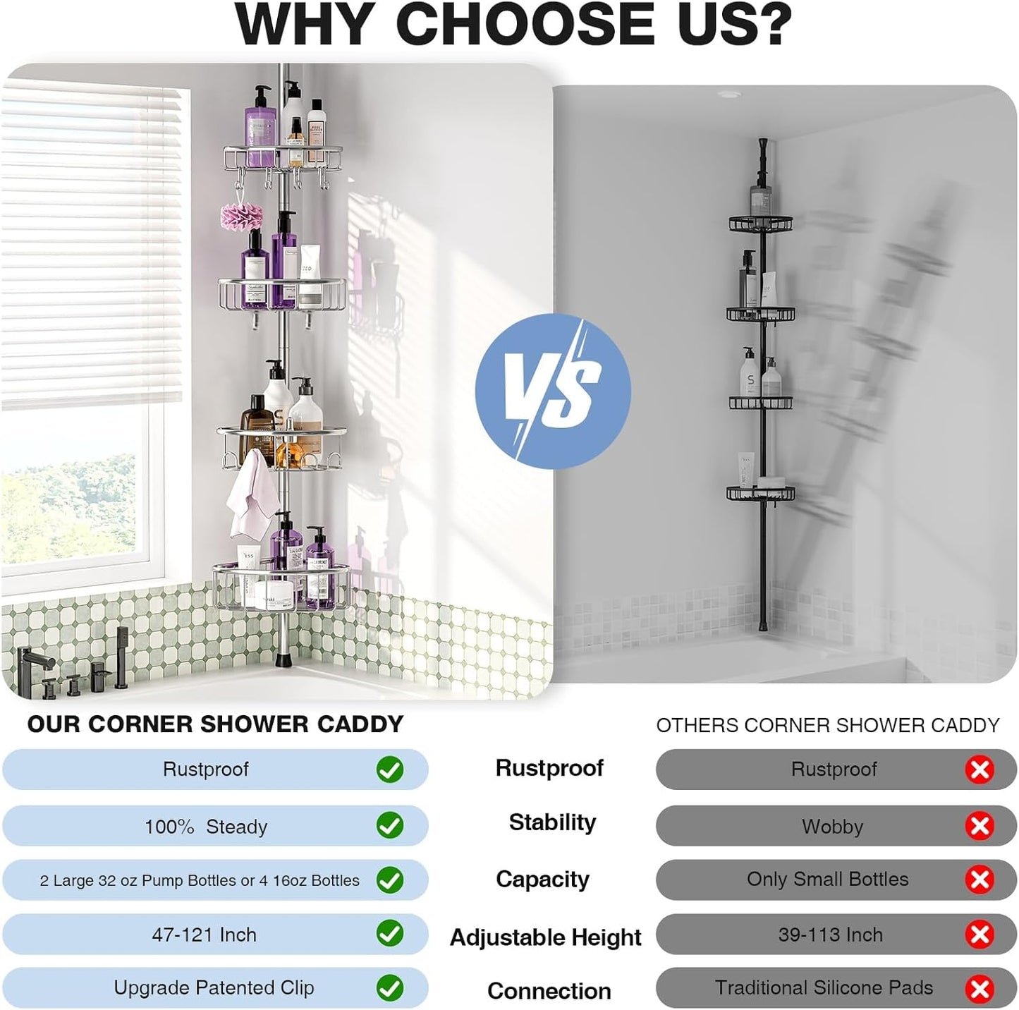 Stainless Steel Corner Shower Caddy by [Brand Name] - Rustproof 4-Tier Tension Pole Organizer | Adjustable 47-121 Inch for Bathtub & Shampoo Storage - Silver