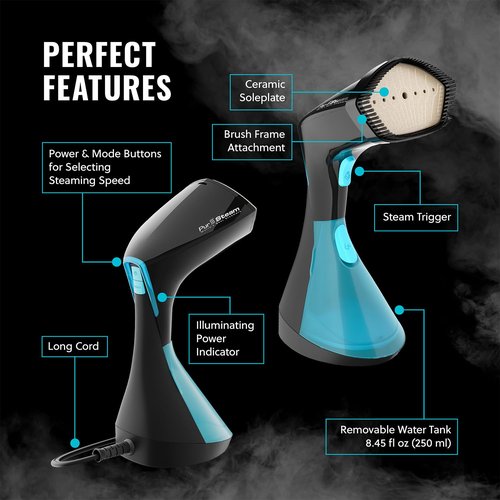 PurSteam Handheld Garment Steamer for Clothes – Powerful Wrinkle Remover with 3 Steam Settings, Large Removable Water Tank, and Fast Heat-Up – Portable Fabric Steamer for Home & Travel