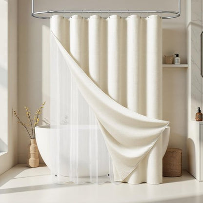 Dynamene Long Shower Curtain and Liner Set - 78 inch Tall Waffle Fabric, Waterproof Clear Liner, Heavy Duty Weighted Hotel Luxury Cloth Shower Curtains for Bathroom with 12 Hooks, 72x78, Ivory