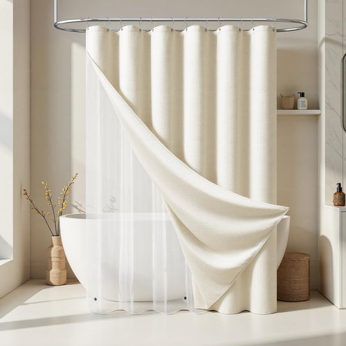 Dynamene Stall Shower Curtain and Liner Set - 36 x 72 inch Half Waffle Fabric, Narrow Waterproof Clear Liner, Heavy Duty Weighted Hotel Luxury Cloth Shower Curtains for Bathroom with 6 Hooks, Ivory