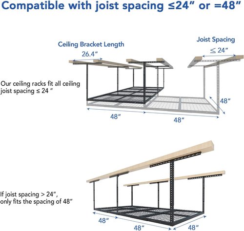 FLEXIMOUNTS 4x8 Overhead Garage Storage Rack - Heavy-Duty Adjustable Metal Ceiling Racks | 2-Pack, Black