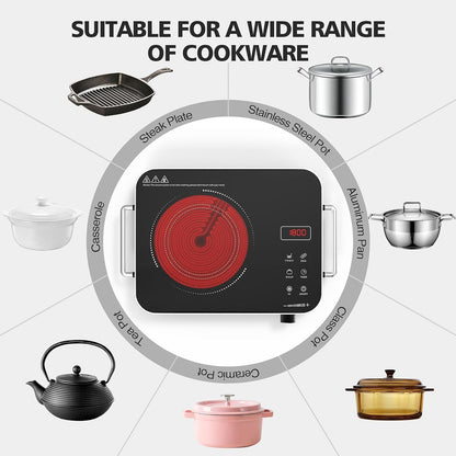 Nafewin Electric Cooktop - 1800W Portable Infrared Hot Plate with 4-Hour Timer | Single Burner Countertop