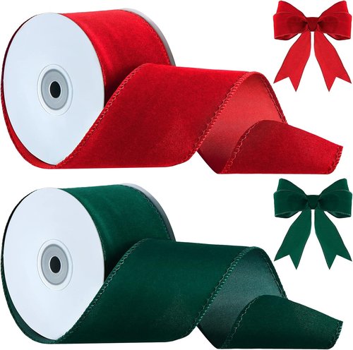 Lyrow Velvet Ribbon - 2.5 Inches Wide Vintage Satin for Wedding & Gift Wrapping | 20 Yards in Green & Red