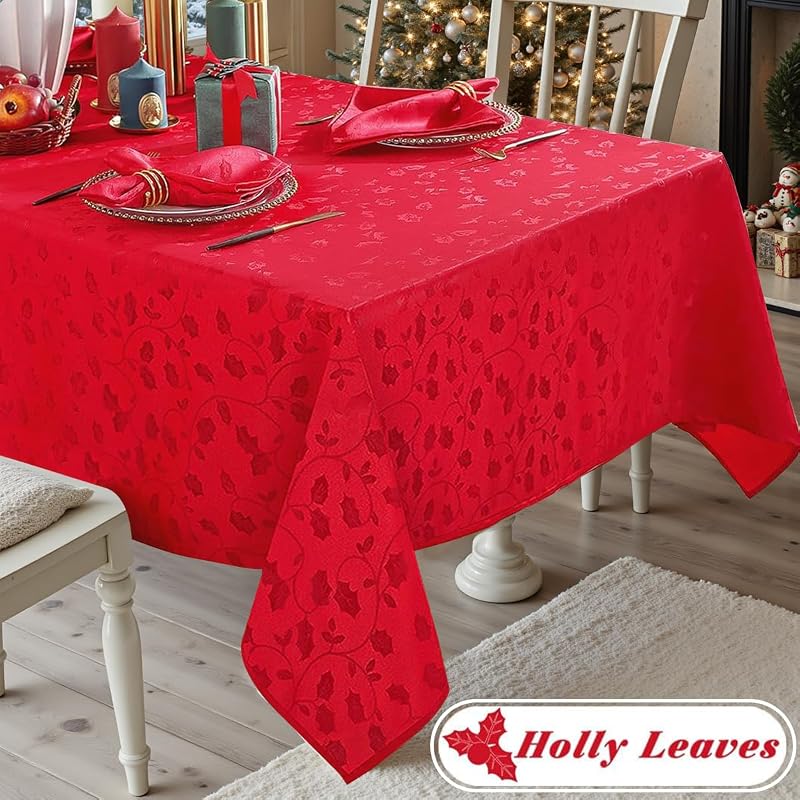 Christmas Tablecloth 60" x 102" Rectangle - Red Jacquard Holly Leaves Spill-Proof