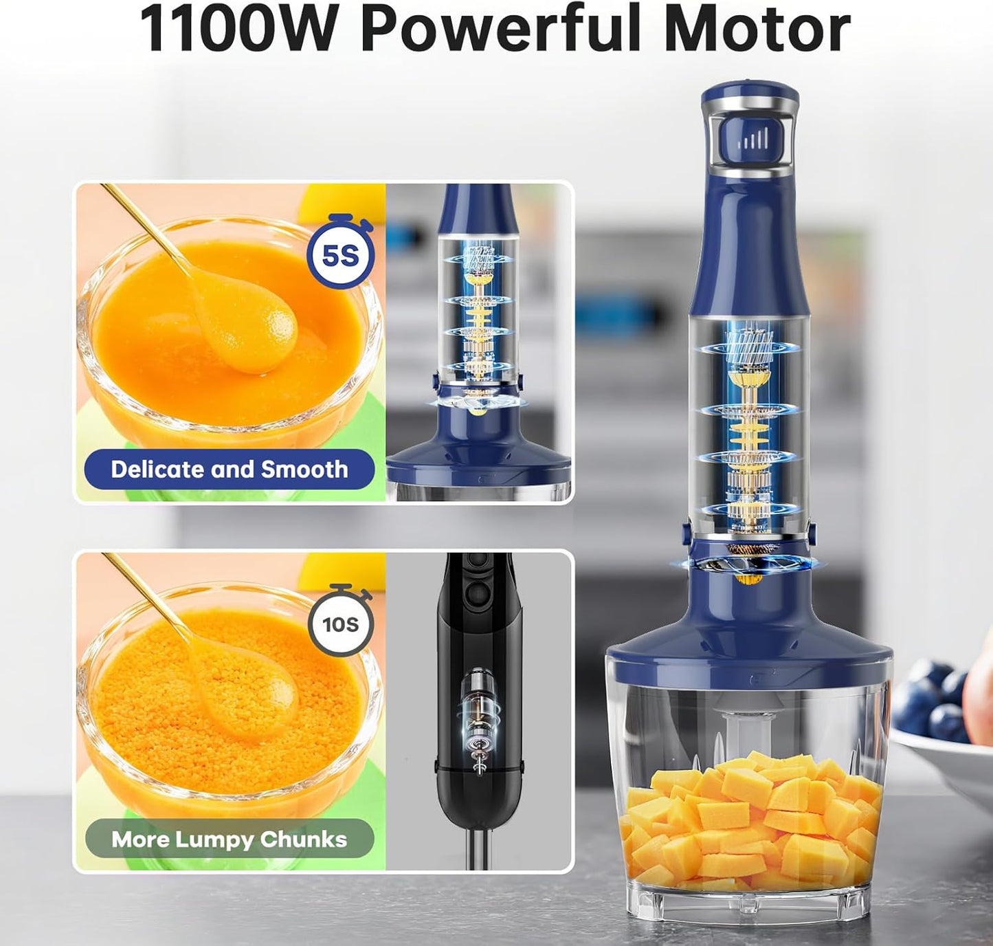 Skiennix Immersion Blender - 1100W Handheld Stick Mixer with Variable Speed, Chopper & Whisk - Navy Blue