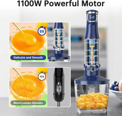 Skiennix Immersion Blender - 1100W Handheld Stick Mixer with Variable Speed, Chopper & Whisk - Navy Blue