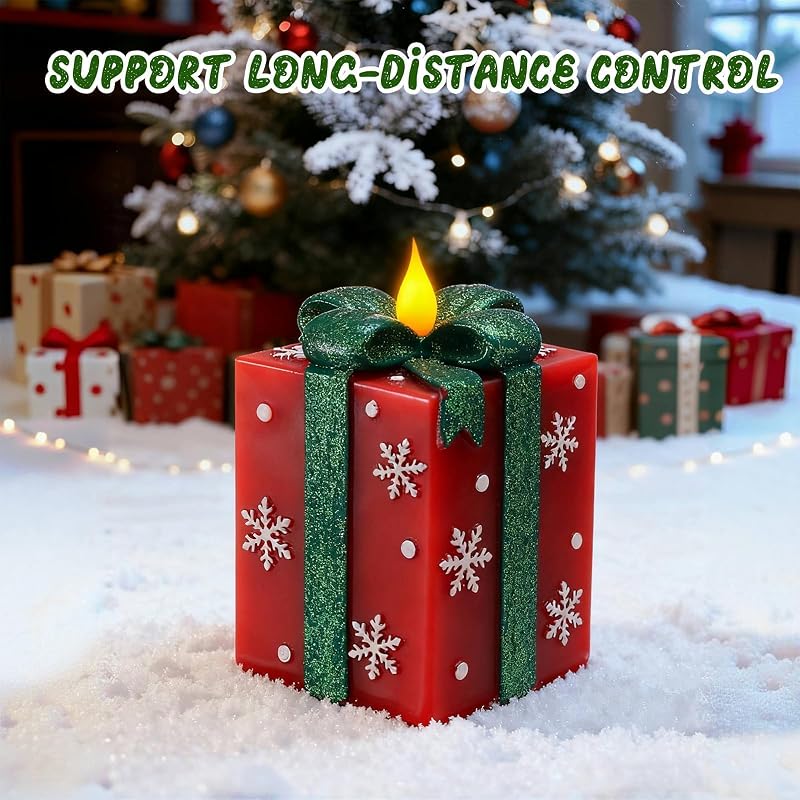 Christmas Flameless Gift Box Candle with Remote Timer - Hand-Painted Real Wax, Red