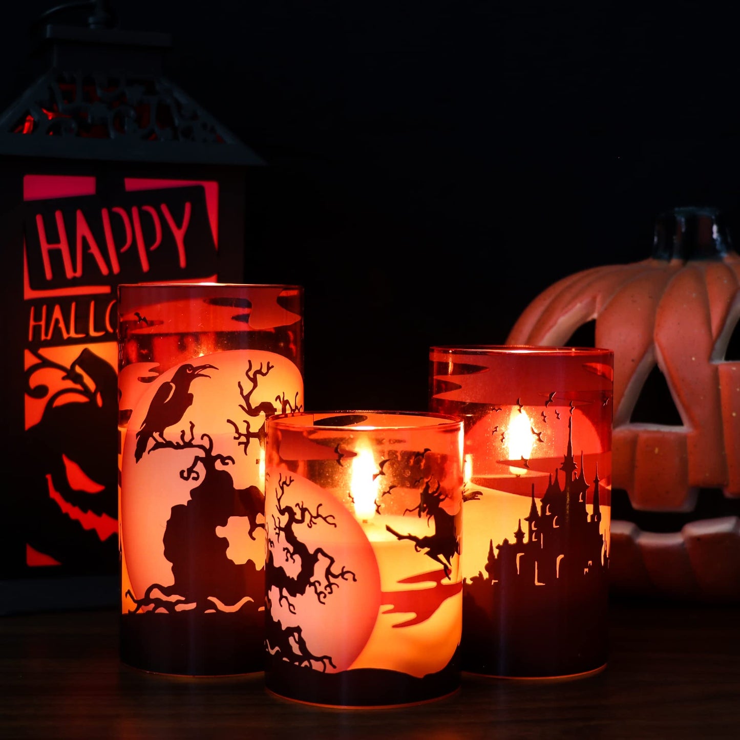 Eldnacele Halloween Flickering Candles with Witch, Crow Raven, Castle Decals, Red Glass Battery Operated Flameless LED Candles with Remote, Real Wax Candle Set of 3 Halloween Decorations