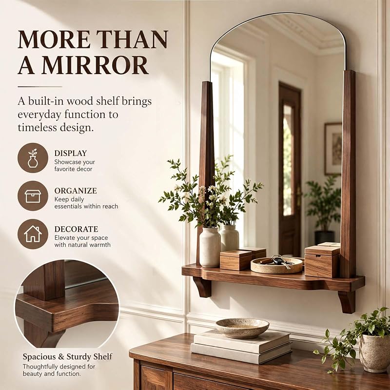 Arched Wall Mirror with Shelf - 24 x 37.4 Inch Walnut Wood Frame, Tempered Glass
