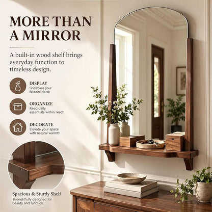 Arched Wall Mirror with Shelf - 24 x 37.4 Inch Walnut Wood Frame, Tempered Glass