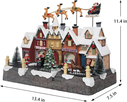 MUMTOP Christmas Village House - Light-Up Animated Town with Flying Reindeer & Santa Sleigh | Holiday Tabletop Decor