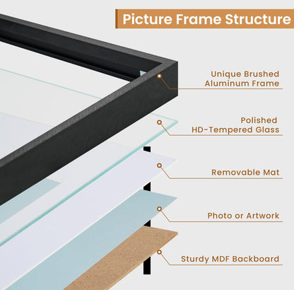 RICHFOCUS 18x24 Metal Picture Frame, Ultra-Thin Deep Aluminum Photo Frame with Cross-Hatch Brushed Satin Finish, Minimalist Modern Poster Frame with Tempered Glass and Mat for 16x20, Black
