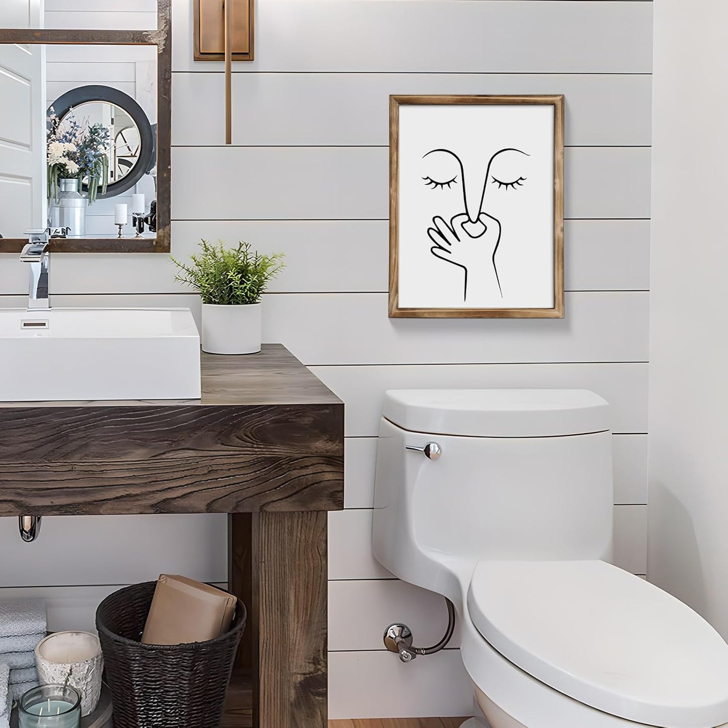 MODE HOME Farmhouse Bathroom Wall Art - Funny Nose Pinching Print in Torched Brown Frame | 14x11 Inch Shabby Chic Decor